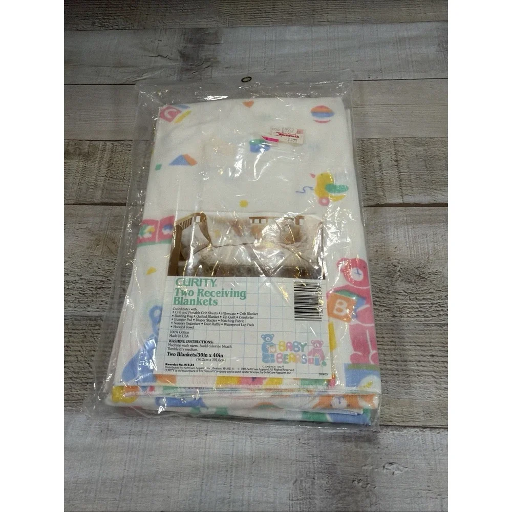 Vintage 1986 Curity Baby Bears Receiving Blankets Set 2 NOS Cotton Made USA